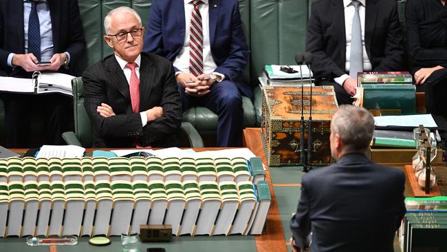 Leader of the Opposition Bill Shorten directs a question to Prime Minister Malcolm Turnbull during Question Time. Picture: AAP