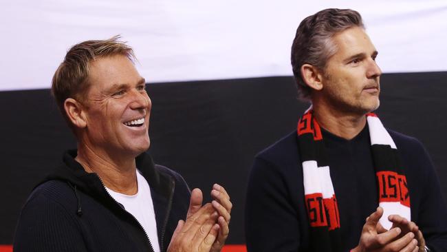 Shane Warne (pictured with Eric Bana) is St Kilda’s biggest fan. Picture: Michael Klein