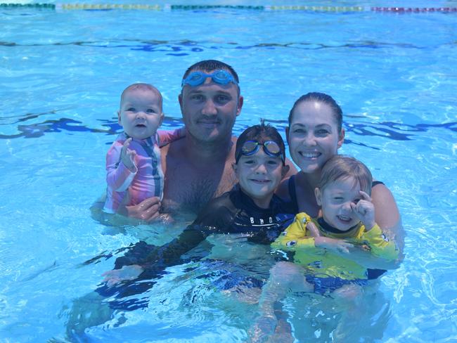 Nyla (8 months) Ra, Hunter, Lauren and Koa (2) Nackie from Cannon Valley had a splash at Proserpine swimming pool.