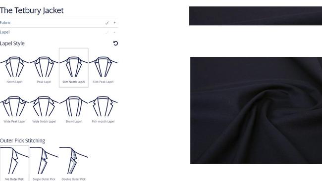 The website gives customers a numebr of options to customise their suits, with images showing ghow it will look in reality.