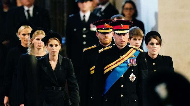 Prince William, Prince of Wales, Prince Harry, Duke of Sussex, Princess Eugenie of York, Princess Beatrice of York, Peter Phillips, Zara Tindall, Lady Louise Windsor, James, Viscount Severn arrive to hold a vigil in honour of Queen Elizabeth II at Westminster Hall.