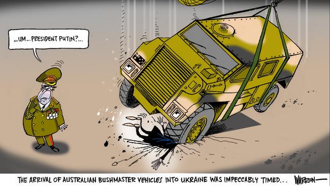 Cartoonist Warren Brown‘s view of Australia sending Bushmasters to Ukraine.