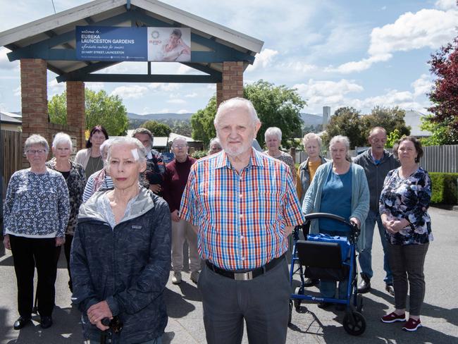 (L to R) Margaret Stephenson and Fred Lehmann with fellow residents in front of Eureka Launceston Gardens retirement village for a story about the "revolt" against company - Eureka. They are the nation's largest provider of rental accommodation to the aged and infirmed. Recently they had commenced increasing rents at an alarming rate of 14% which is a massive cost to the vulnerable residents that rent from them.As a result of tribunal hearings the issue has now escalated to a complaint being made against them to the ACCC.