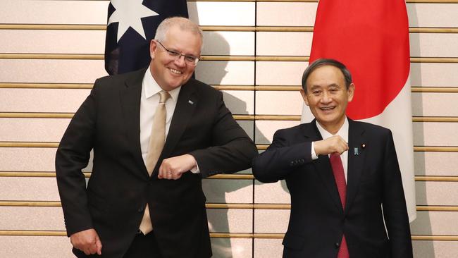 Scott Morrison officially meets his Japanese counterpart Yoshihide Suga in Tokyo. Picture: Adam Taylor