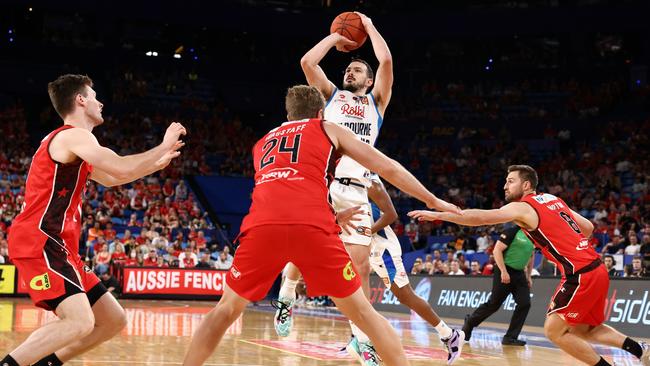 PERTH, AUSTRALIA - DECEMBER 12: Chris Goulding of Melbourne United puts a shot up during the round 10 NBL match between Perth Wildcats and Melbourne United at RAC Arena, on December 12, 2022, in Perth, Australia. (Photo by Paul Kane/Getty Images)