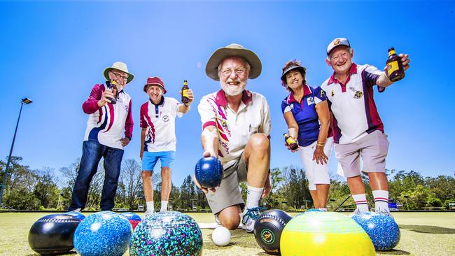 L-R: Toowong Bowls clubs members Rob Malcolm, David Falkenmire, Lloyd Lyndon (bowling), Toni LaBrooy and John McConnachy. Picture: NIGEL HALLETT