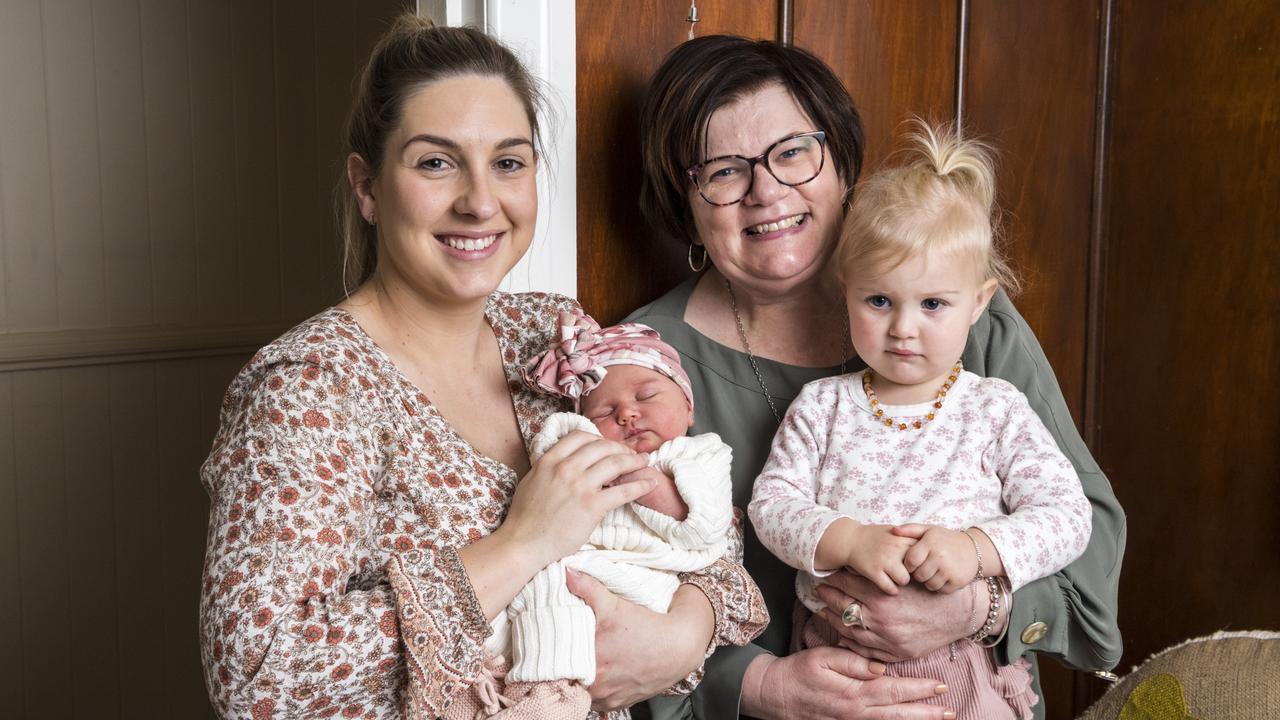 My Midwives director Liz Wilkes with Mel Gay (left) and her children baby Poppy and Olivia Carter. Picture: Kevin Farmer