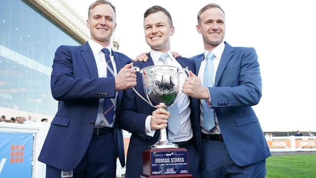 Will Hayes, Ben Hayes and JD Hayes after Mr Brightside (NZ) won the Stow Storage Memsie Stakes at Caulfield Racecourse on September 02, 2023 in Caulfield, Australia. Picture: Scott Barbour/Racing Photos