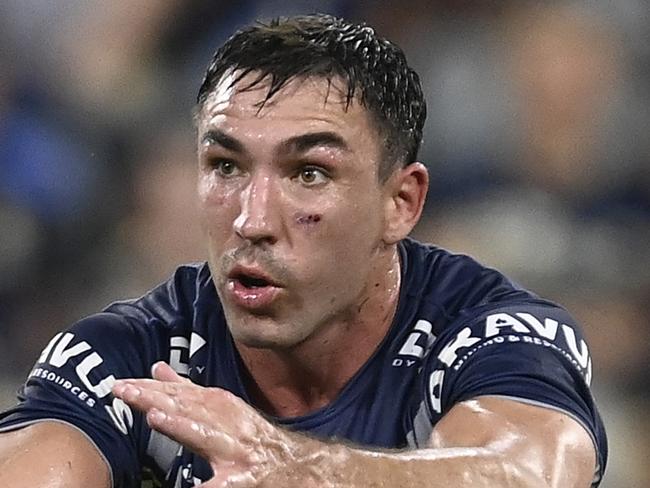 TOWNSVILLE, AUSTRALIA - MAY 04: Reece Robson of the Cowboys passes the ball during the round nine NRL match between North Queensland Cowboys and Dolphins at Qld Country Bank Stadium, on May 04, 2024, in Townsville, Australia. (Photo by Ian Hitchcock/Getty Images)