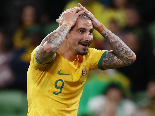 MELBOURNE , AUSTRALIA. November 15, 2023.  FIFA Mens World Cup Qualifier.  Australia vs Bangladesh at AAMI Park.    Jamie Maclaren of the Socceroos canÃt believe his shot at goal missed 2nd half     . Pic: Michael Klein