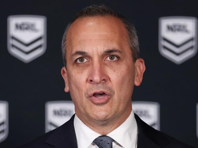 SYDNEY, AUSTRALIA - JUNE 06:  NRL CEO Andrew Abdo speaks to the media during a NRL media opportunity at Rugby League Central on June 06, 2025 in Sydney, Australia.  (Photo by Matt King/Getty Images)