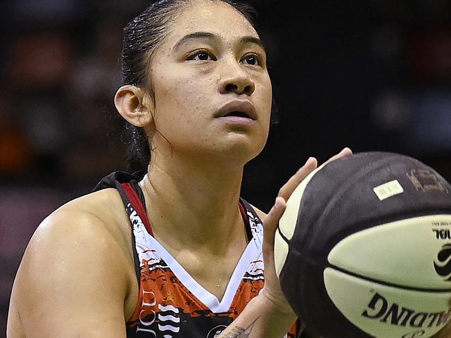 TOWNSVILLE, AUSTRALIA - FEBRUARY 29: Zitina Aokuso of the Fire attempts a free throw shot during game one of the WNBL Semi Final series between Townsville Fire and Perth Lynx at Townsville Entertainment Centre, on February 29, 2024, in Townsville, Australia. (Photo by Ian Hitchcock/Getty Images)
