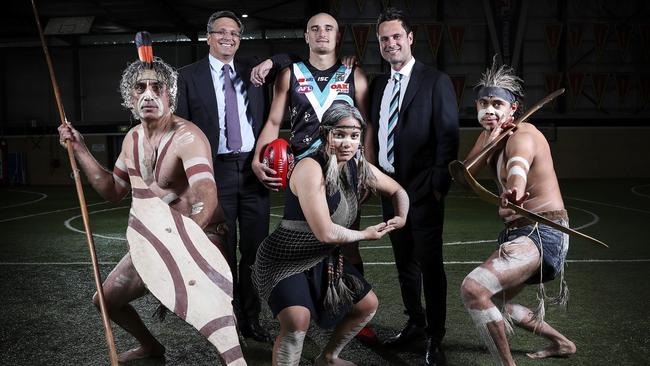 Brad Haynes of Rio Tinto, Power midfielder Sam Powell-Pepper, Port Adelaide legend Gavin Wanganeen and Yellaka Dancers Karl Winda Telfer, Karno Kari Martin and Jakirah Waruyu Telfer. Picture: Sarah Reed