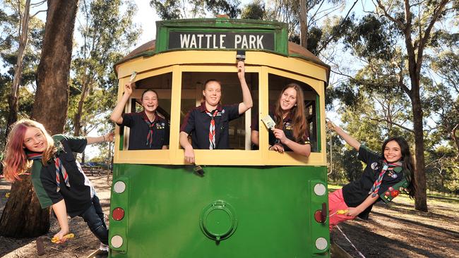 Bennettswood Venturers Sarah, Georgie, Lauren, Ashleigh and Kylara on the Wattle Park tram.