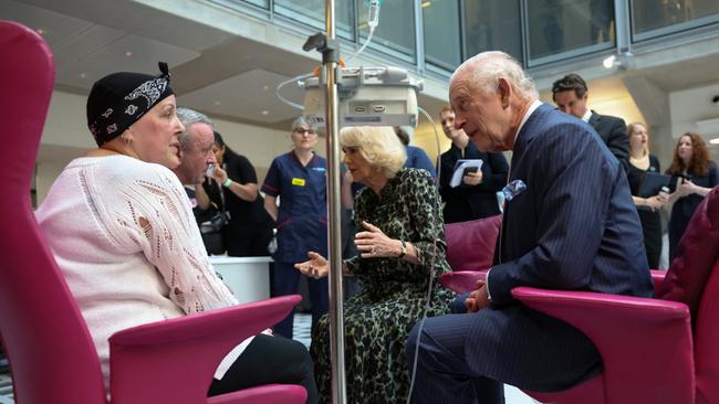King Charles III and Queen Camilla meet with Lesley Woodbridge, patient receiving the second round of chemotherapy for sarcoma and her husband Roger. Picture: Getty Images