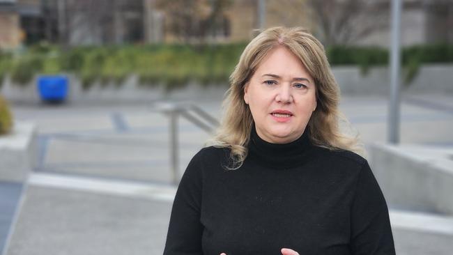 Member for Clark Madeleine Ogilvie speaks to the media at Parliament Square in Hobart on Tuesday, July 16, 2024.