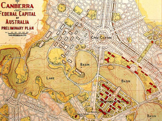 Undated pictured of Walter and Marion Griffin’s preliminary plan for development of Canberra. Picture: Powerhouse Museum