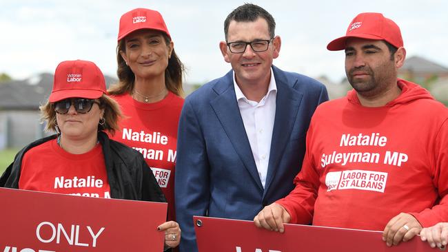 Premier Daniel Andrews with Labor campaigners. Picture: Julian Smith/AAP)