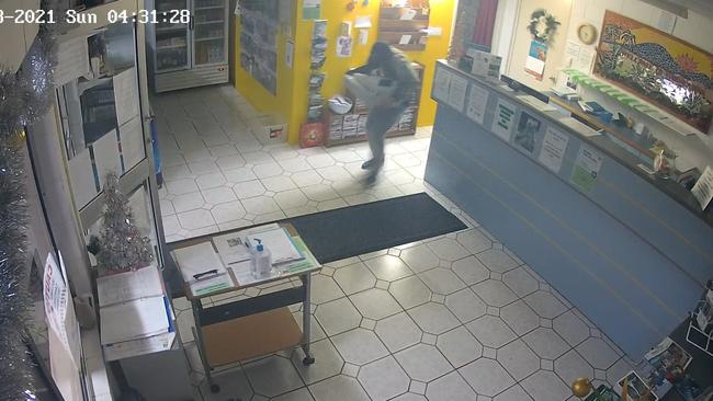 CCTV footage of when two thieves broke into a Deeragun caravan park and stole a till, charity box and drinks.