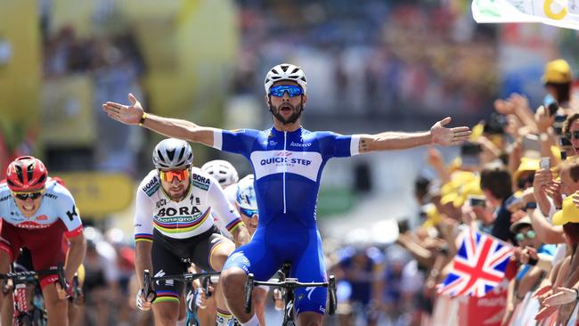 Colombia's Fernando Gaviria celebrates his victory in the first stage of the 2018 Tour de France. Photo: AP