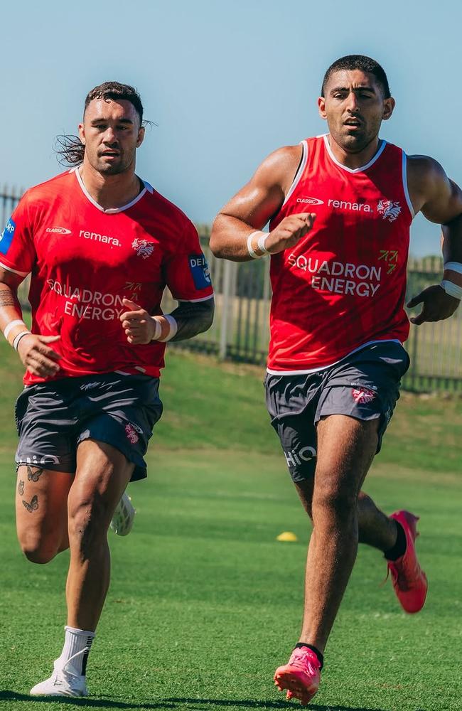 Jaydn Su'A and new Dragon Emre Guler (right) at training on Tuesday. Picture: Instagram