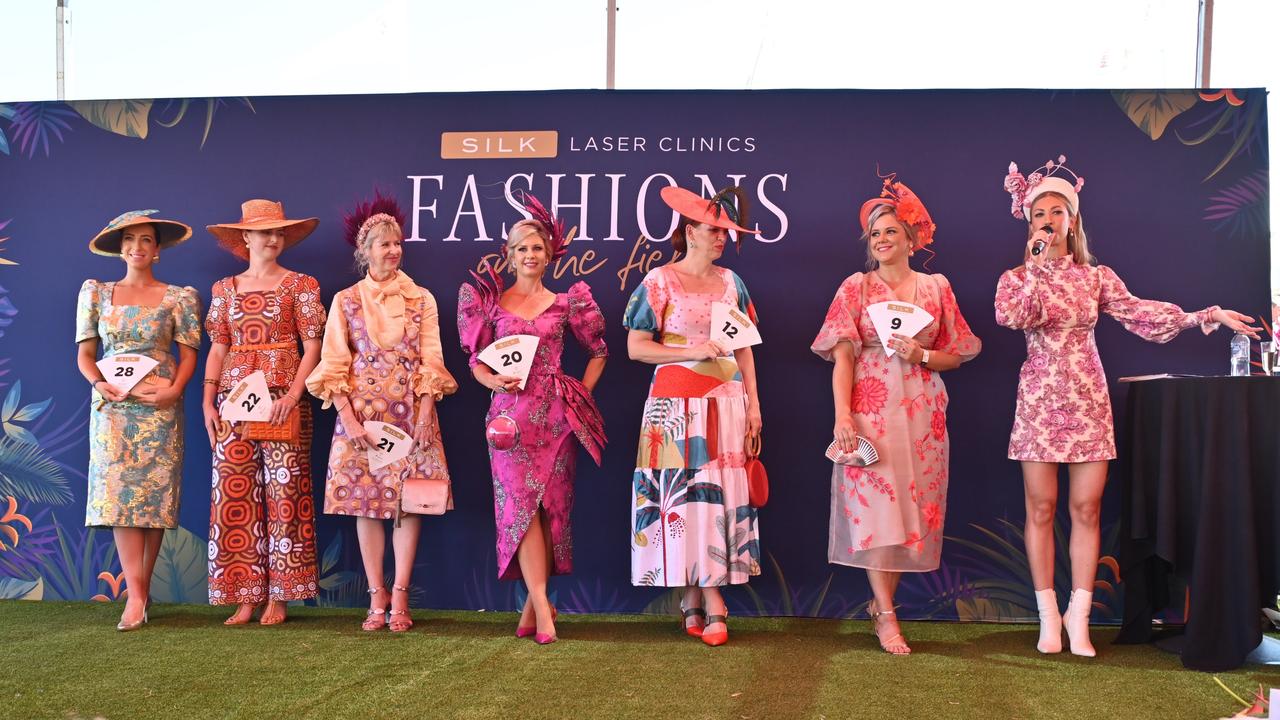 Lily North, Mietta Russell, Marcia Russell, Kimberlee Cockvelm, Samantha Brannelly and Kiri Marschall were finalists in the 2021 Darwin Cup Fashions on the Field competition. Picture: Julianne Osborne