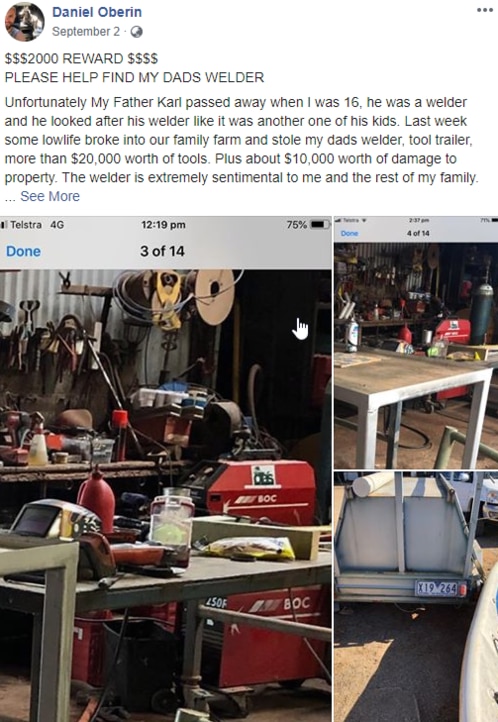 A Facebook post published by Daniel Oberin on September 2 offering a $2000 reward for help to relocate his dead dad's tools stolen from a family farm property.