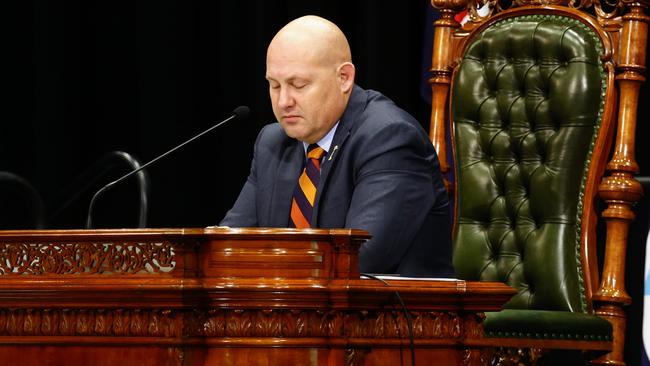 Speaker of the House and Member for Mulgrave Curtis Pitt appears unwell during the regional sitting of Queensland parliament at the Cairns Convention Centre. Picture: Brendan Radke