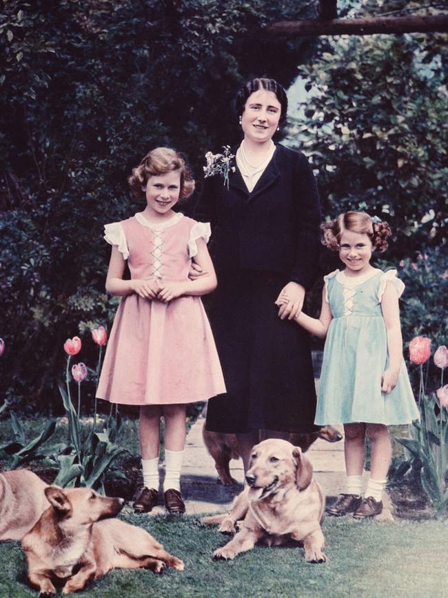 Duchess of York (later Elizabeth the Queen Mother) with her daughters Princess Elizabeth (l) and Princess Margaret in garden of the Royal Lodge at Windsor June 1936. Picture: Hulton Archive