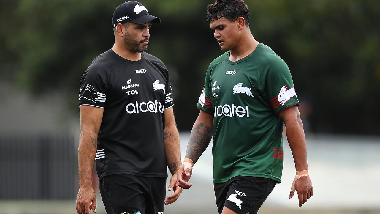 Former fullback Greg Inglis talks with Latrell Mitchell