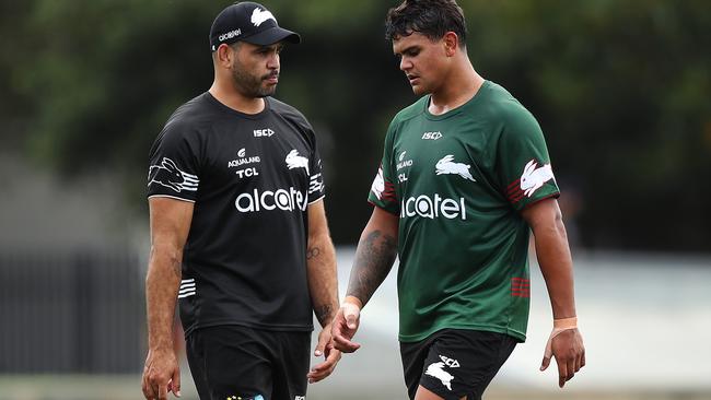 Former fullback Greg Inglis talks with Latrell Mitchell