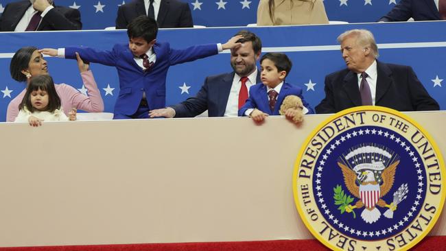 Usha Vance (left), Vice President JD Vance and their children (from left) Mirabel Ewan and Vivek, and President Donald Trump. Picture: AP