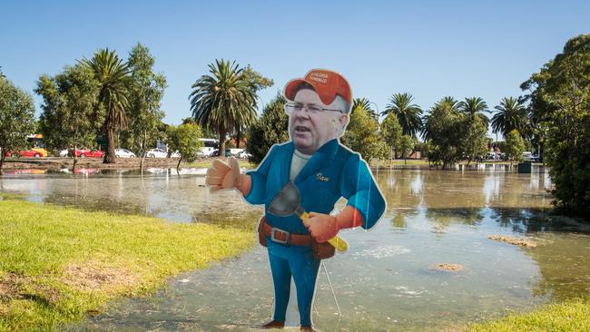 There was no sign of Minister for Water Ian Hunter so we brought substitute Ian to inspect the burst water main. Picture: Matt Loxton