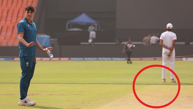 Pat Cummins spotted a detail on the pitch at Narendra Modi Stadium. Photo by Robert Cianflone/Getty Images.