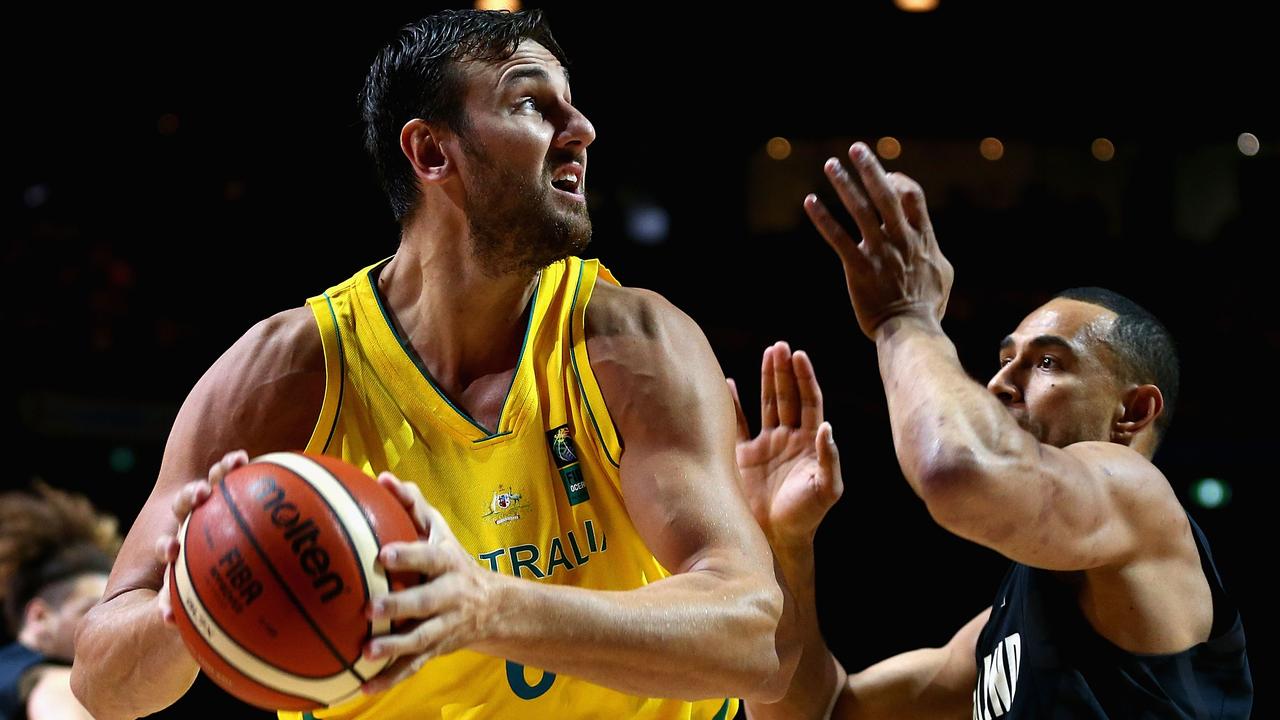 MELBOURNE, AUSTRALIA - AUGUST 15: Andrew Bogut of the Boomers drives to the basket during the game one match between the Australian Boomers and New Zealand Tall Blacks at Rod Laver Arena on August 15, 2015 in Melbourne, Australia. (Photo by Robert Prezioso/Getty Images)