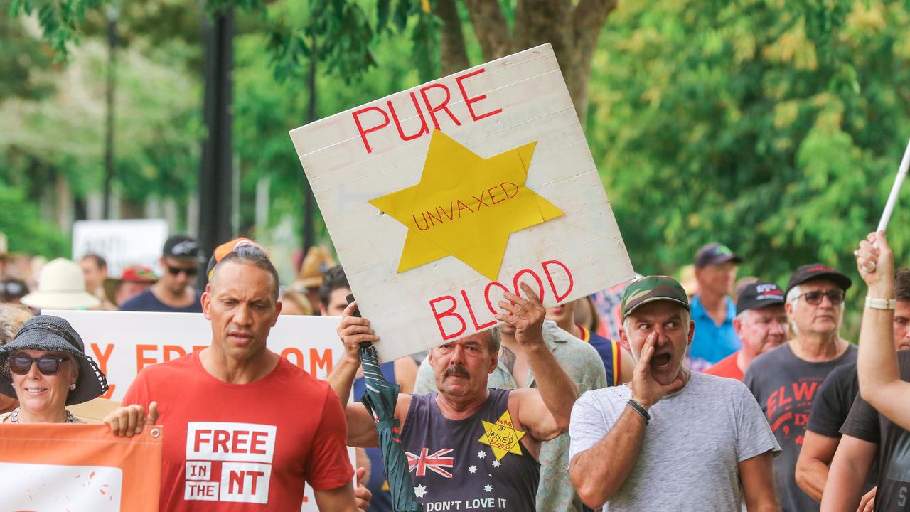 Protesters congregate at the Cenotaph at a Free in the NT march in Darwin. Picture: Glenn Campbell