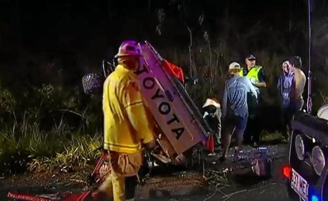 CAR ROLLOVER: Scene from the serious crash at Beerburrum overnight where a teenage driver was trapped behind the wheel. Picture: 7 News Sunshine Coast