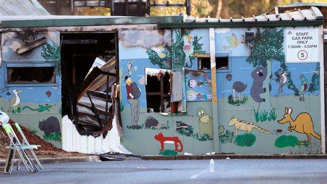 A fire-damaged portable classroom at Mitcham’s Antonio Park Primary after an alleged arson attack last week. Picture: David Crosling