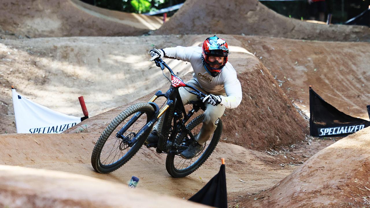 Will Sciban competes in the U19 Men's Dual Slalom quarter finals at the first day of the Cairns round of the Crankworx World Tour, held at the Smithfield Mountain Bike Park. Picture: Brendan Radke