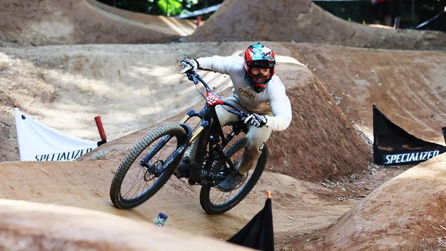 Will Sciban competes in the U19 Men's Dual Slalom quarter finals at the first day of the Cairns round of the Crankworx World Tour, held at the Smithfield Mountain Bike Park. Picture: Brendan Radke