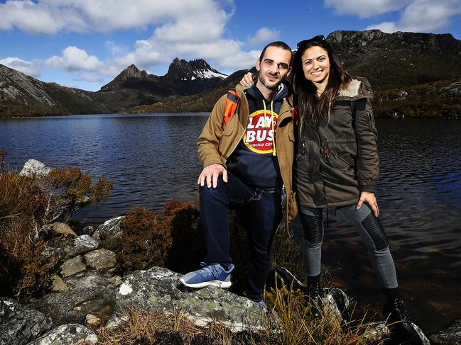 Maurizio Eusebi, left, and Giulia Sanchirico took the shuttle bus to Dove Lake and support the move to take private vehicles off the access road. Picture: CHRIS KIDD