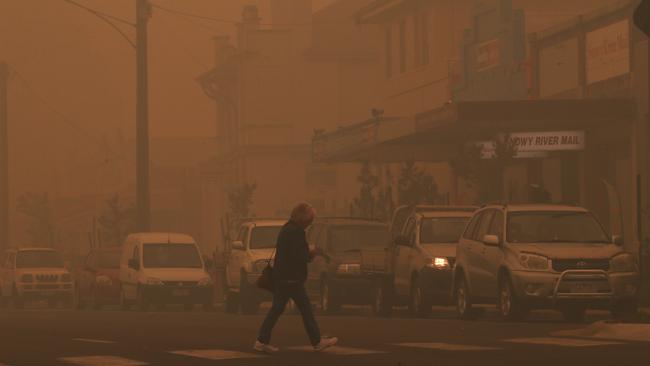 The main street of Orbost is covered in thick smoke. Thursday, January 2, 2019. Picture: David Crosling