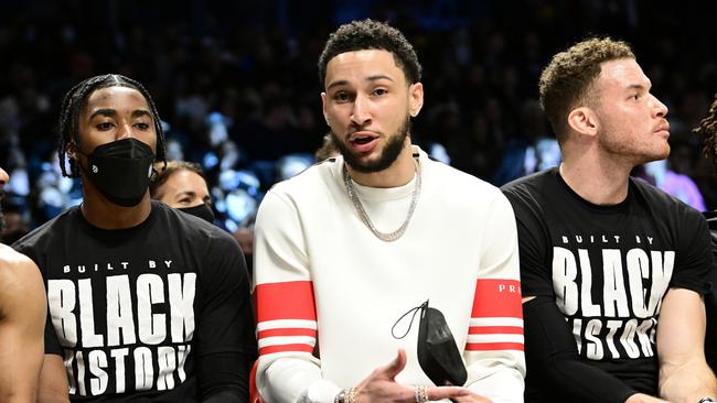 NEW YORK, NEW YORK – FEBRUARY 14: Ben Simmons of the Brooklyn Nets looks on from the bench during the first half against the Sacramento Kings at Barclays Center on February 14, 2022 in New York City. NOTE TO USER: User expressly acknowledges and agrees that, by downloading and or using this photograph, User is consenting to the terms and conditions of the Getty Images License Agreement. (Photo by Steven Ryan/Getty Images)