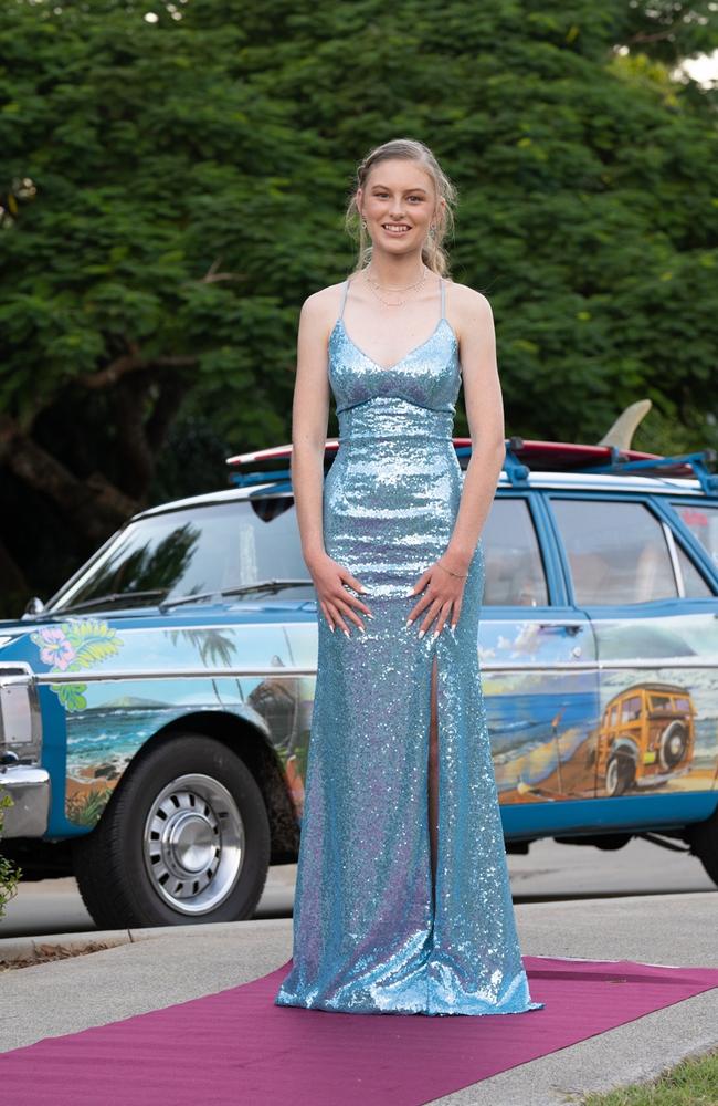 Amber Daniels, graduating class of 2023, arrives at St Patrick’s Formal on Friday, May 5, 2023. Gympie, Queensland. Picture: Christine Schindler