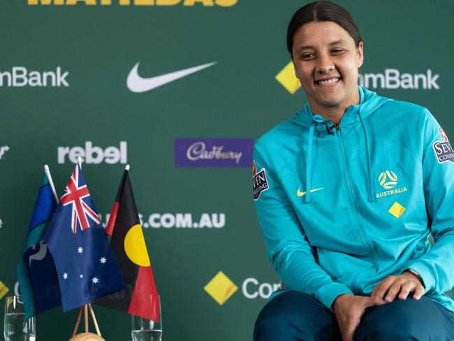 MELBOURNE, AUSTRALIA - JULY 03: Sam Kerr during the Official Opening of the Australian Matildas training facility and FIFA Women's World Cup squad announcement at La Trobe University Sports Fields on July 03, 2023 in Melbourne, Australia. (Photo by Mackenzie Sweetnam/Getty Images)