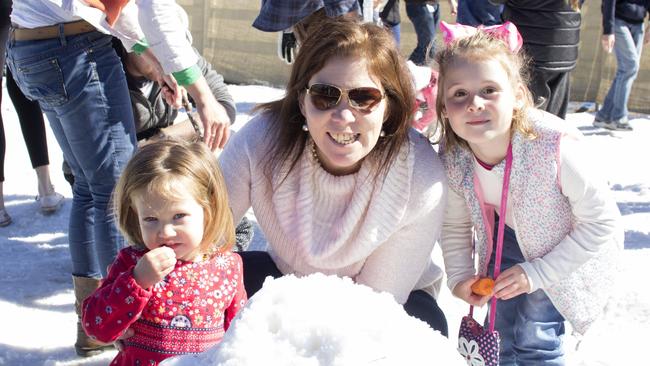 Faith Manning, Loretta Johnson and Erin Christie at the snowfields for Snowflakes in Stanthorpe. Photo: NRM Staff