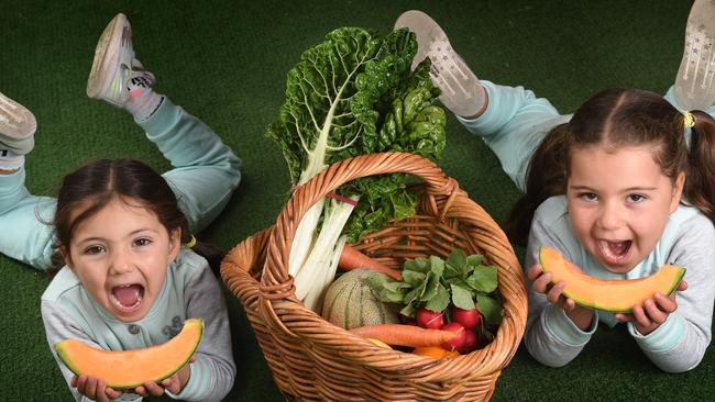 Alexandra, 3, and her sister Sara, 5, get stuck into some fruit and vegetable at the Prahran Market. Picture: Tony Gough