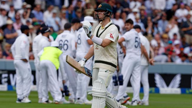 Australia's Steven Smith reacts as he walks back to the pavilion. Picture: AFP