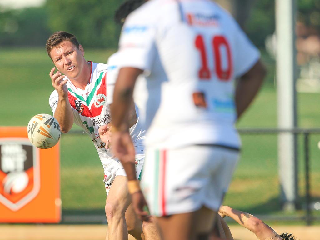 Nightcliff’s Robbie Butcher gets the ball away in the NRL NT A-Grade match between Nightcliff Dragons and Palmerston Raiders. Picture: Glenn Campbell