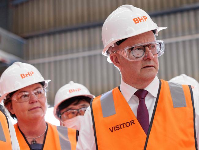 Australian Prime Minister Anthony Albanese looks on during a visit to BHP Nickel West Kwinana Nickel Refinery as part of the Annual AustraliaâJapan Leadersâ Meeting in Perth, on October 22, 2022. (Photo by RICHARD WAINWRIGHT / POOL / AFP)